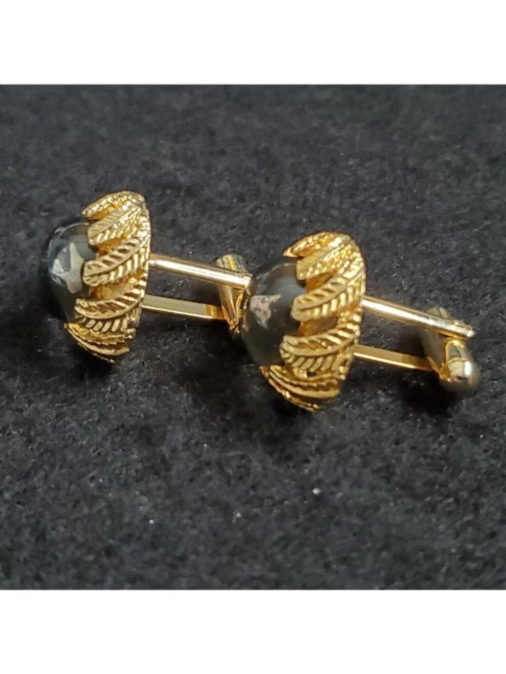 Vintage Cufflinks Gold Tone Black Opal Chip 7/8